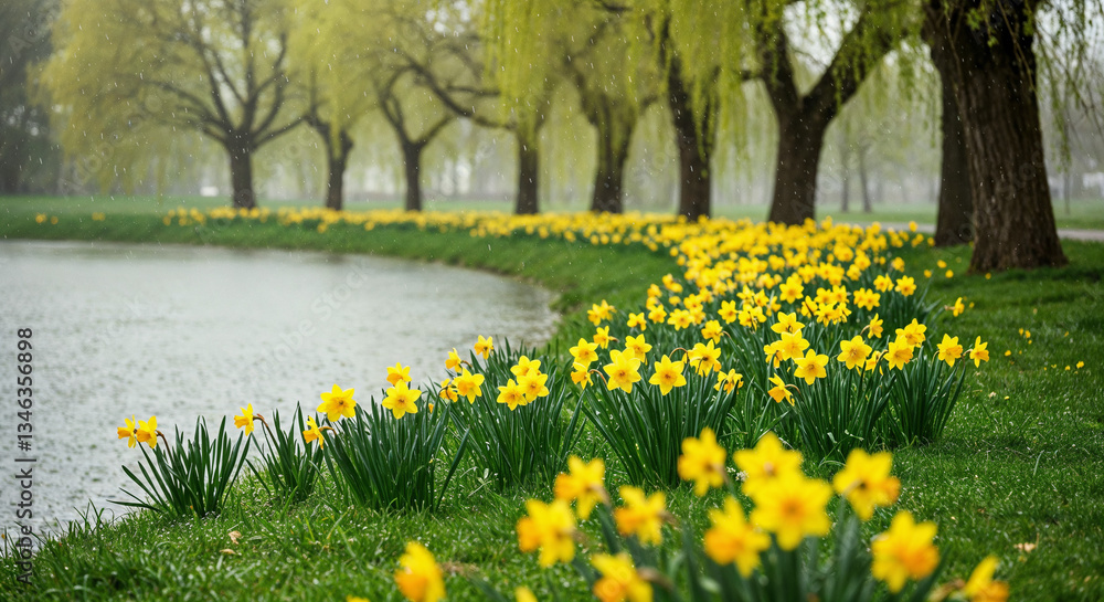 Obraz premium Spring daffodils along misty park pathway, Tranquil morning landscape with willow trees and yellow flowers, Nature awakening scenery for garden design and seasonal concepts