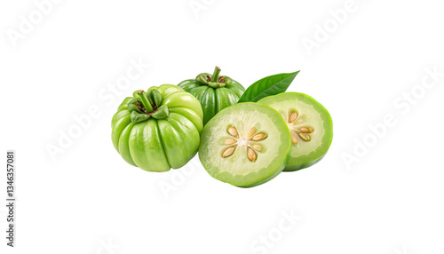 Close up of green garcinia cambogia fruits with leaf and sliced halves on a black background