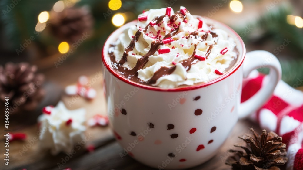 A delicious cup of hot chocolate topped with whipped cream and peppermint sprinkles, perfect for cozy winter moments. The festive setting includes pine cones and soft lights. A delicious cup of hot chocolate topped with whipped cream and peppermint sprinkles, perfect for cozy winter moments. The festive setting includes pine cones and soft lights.
