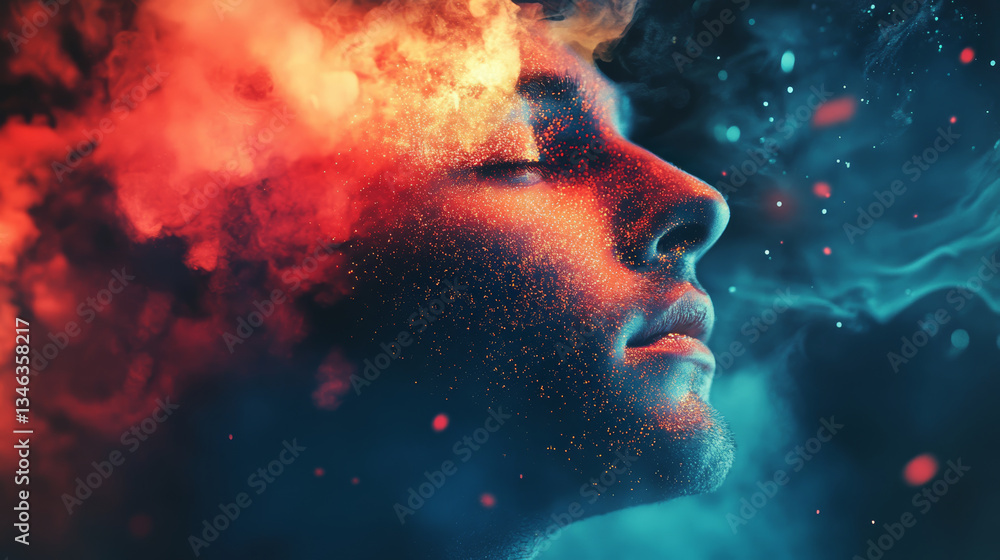 A man's face is surrounded by swirling orange and red smoke against a dark teal backdrop. A man's face is surrounded by swirling orange and red smoke against a dark teal backdrop.