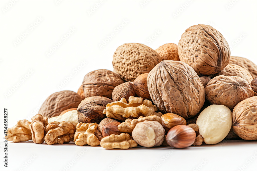 Walnuts, hazelnuts, walnuts and pecans on white background Walnuts, hazelnuts, walnuts and pecans on white background