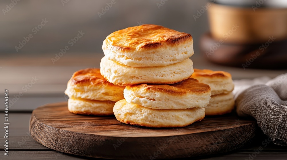 A visually appealing arrangement of fluffy, golden brown biscuits resting on a rustic wooden board invites cravings for a delicious homemade culinary experience any time. A visually appealing arrangement of fluffy, golden brown biscuits resting on a rustic wooden board invites cravings for a delicious homemade culinary experience any time.
