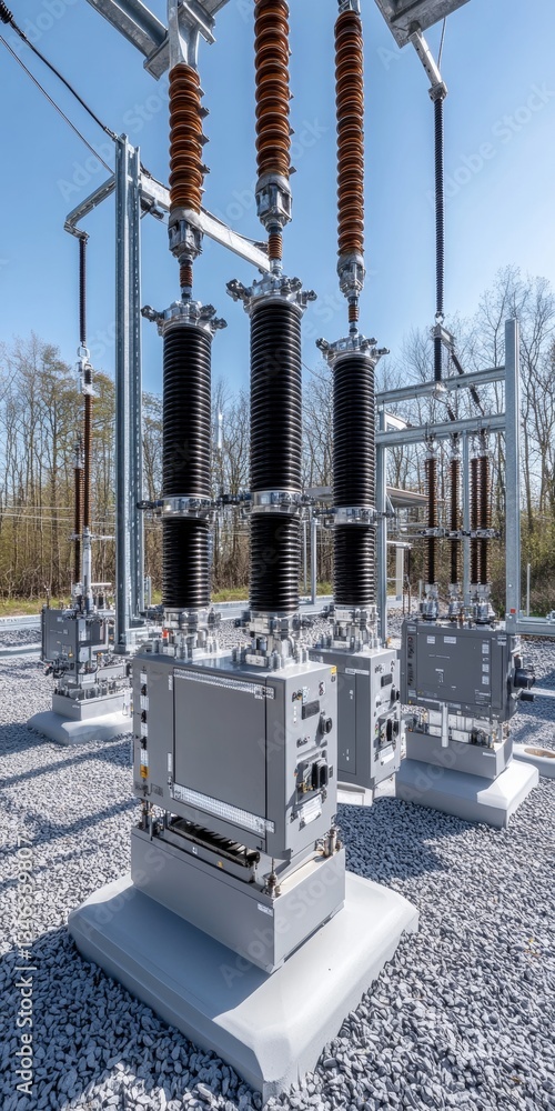 Electrical Substation Under a Clear Blue Sky Transformers, Insulators, and Power Lines Electrical Substation Under a Clear Blue Sky Transformers, Insulators, and Power Lines