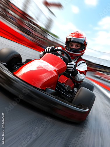 A kart racer looking focused as they maneuver through a sharp turn, their kart tires gripping the asphalt.

