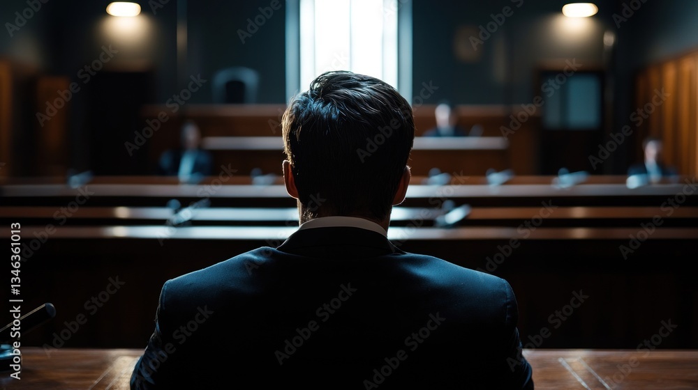 Suspenseful Courtroom Scene: A Man's Back to the Jury Suspenseful Courtroom Scene: A Man's Back to the Jury