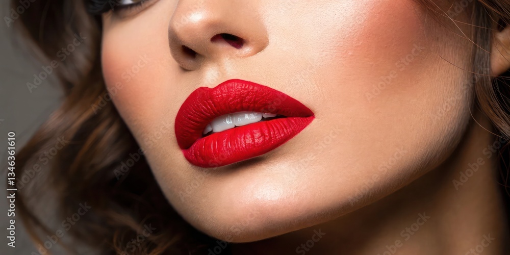 Woman's lips are painted with a bright red lipstick. Concept of confidence and boldness, as the woman's lips are the focal point of the picture Woman's lips are painted with a bright red lipstick. Concept of confidence and boldness, as the woman's lips are the focal point of the picture