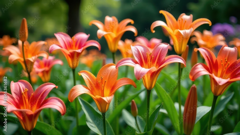 Vibrant Peach Lilies Blooming in a Lush Garden Setting, Illuminated by Sunlight Vibrant Peach Lilies Blooming in a Lush Garden Setting, Illuminated by Sunlight