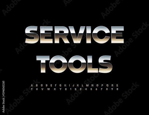 Vector Steel signboard Service Tools. Metal Reflective Font. Silver Digital Alphabet Letters and Numbers