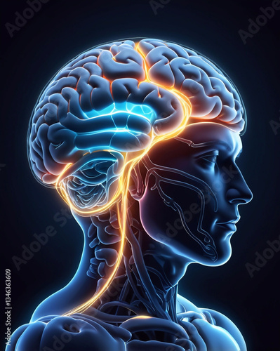 Human brain with light trails glowing through the brain and nervous system, symbolizing cognition.
