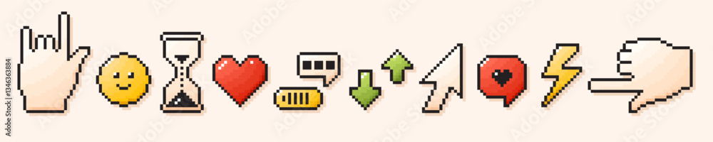 Fototapeta premium Pixel game art Y2K elements. 8 bit retro style user interface icons. Hourglass smile message cursor arrow.
