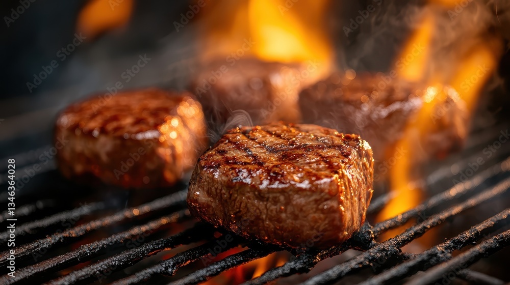 Beef steaks atop a grill, infused with flames and smoke, epitomizing the art of grilling and the joy of outdoor cooking during vibrant summer gatherings and celebrations. Beef steaks atop a grill, infused with flames and smoke, epitomizing the art of grilling and the joy of outdoor cooking during vibrant summer gatherings and celebrations.
