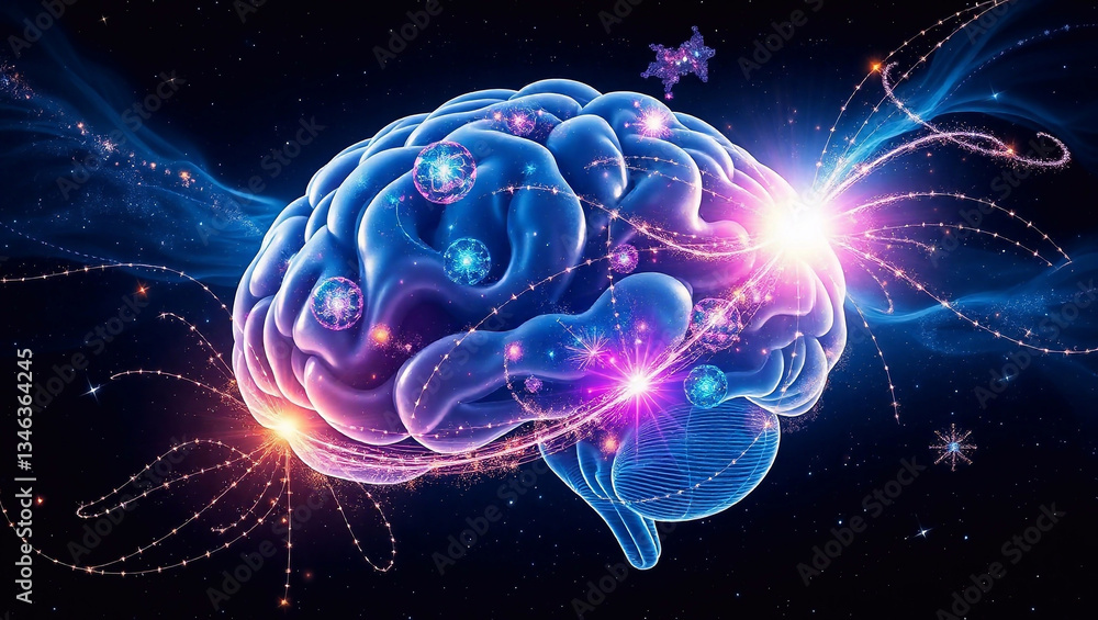 Naklejka premium Human brain with vibrant light trails and cosmic swirls on a dark background
