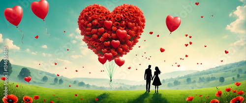 Valentines day. Couple with heart shaped balloons outdoors