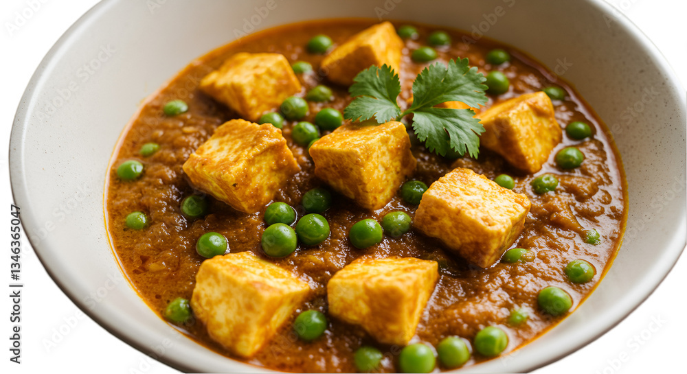 A flavorful bowl of matar paneer featuring golden paneer cubes and tender green peas in a rich, spiced tomato curry, topped with fresh cilantro A flavorful bowl of matar paneer featuring golden paneer cubes and tender green peas in a rich, spiced tomato curry, topped with fresh cilantro