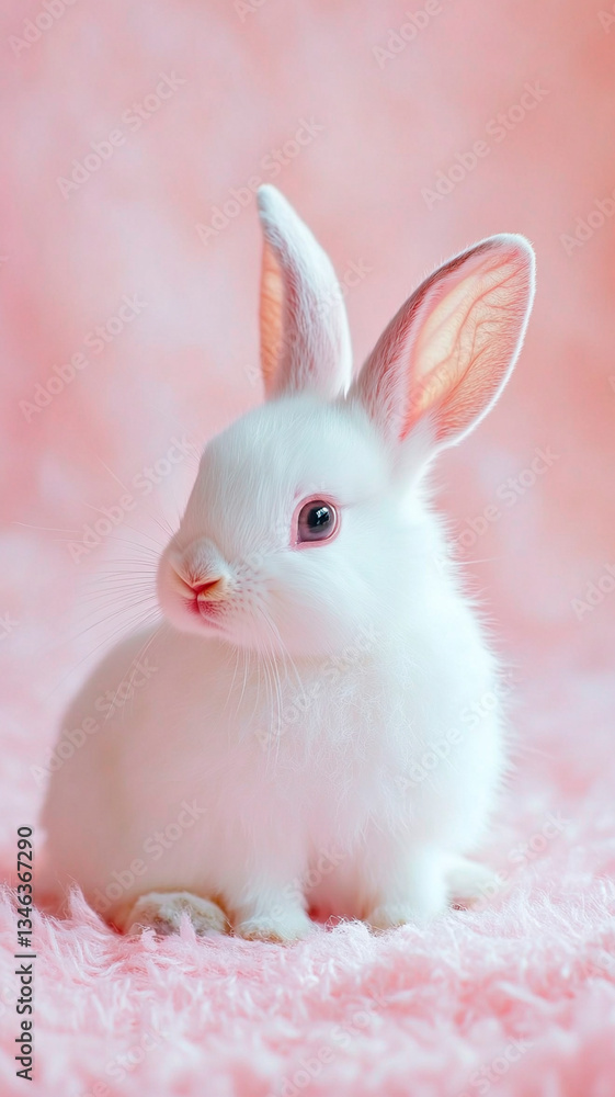 Adorable white rabbit with large ears sitting on a pastel pink background, soft-focus lighting, dreamy atmosphere, perfect Easter postcard Adorable white rabbit with large ears sitting on a pastel pink background, soft-focus lighting, dreamy atmosphere, perfect Easter postcard