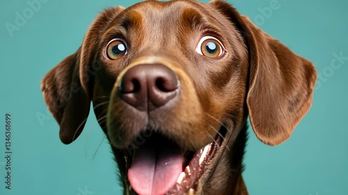 Wallpaper Mural Studio shot of adorable dog looking surprised against mouth open and big eyes with gray background Copy space for text video 4k Torontodigital.ca