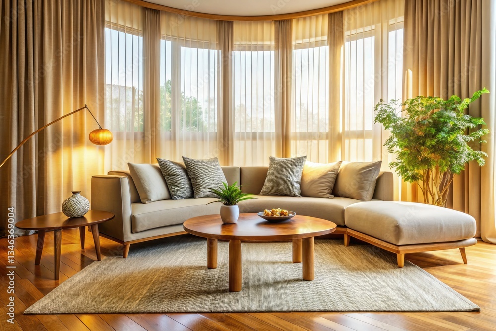 Naklejka premium Japandi Living Room: Modern Curved Sofa, Wooden Coffee Table, Bokeh Window, Minimalist Interior Design