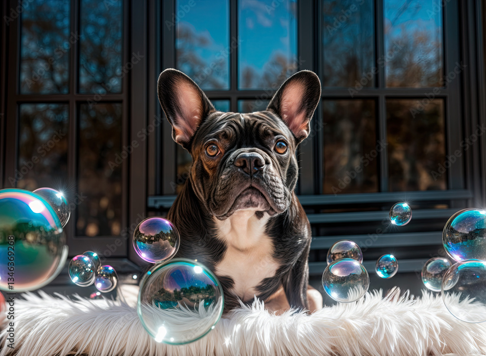 A French Bulldog sits amidst a flurry of colorful bubbles, their reflections catching the light.