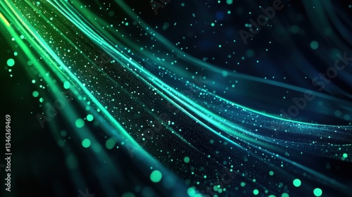 Abstract Neon Green Lines and Bokeh Spheres Creating a Futuristic and Dynamic Background