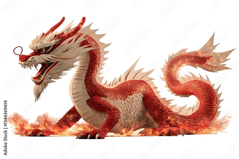 Obraz premium Illustration of a Majestic Red and White Chinese Dragon Rising with Fire on Transparent Background Symbolizing Mythology Fantasy and Lunar New Year Celebration