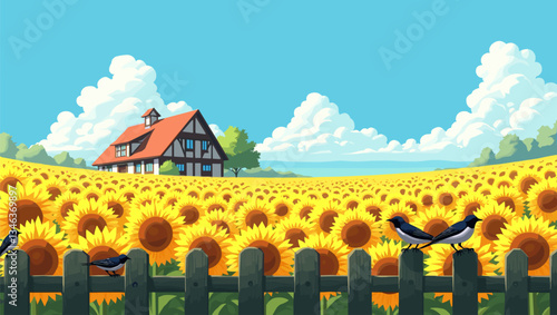 Beautiful sunflower field with a rustic house and a wooden fence. A peaceful rural scene under a bright blue sky, with birds perched on the fence, creating a serene atmosphere