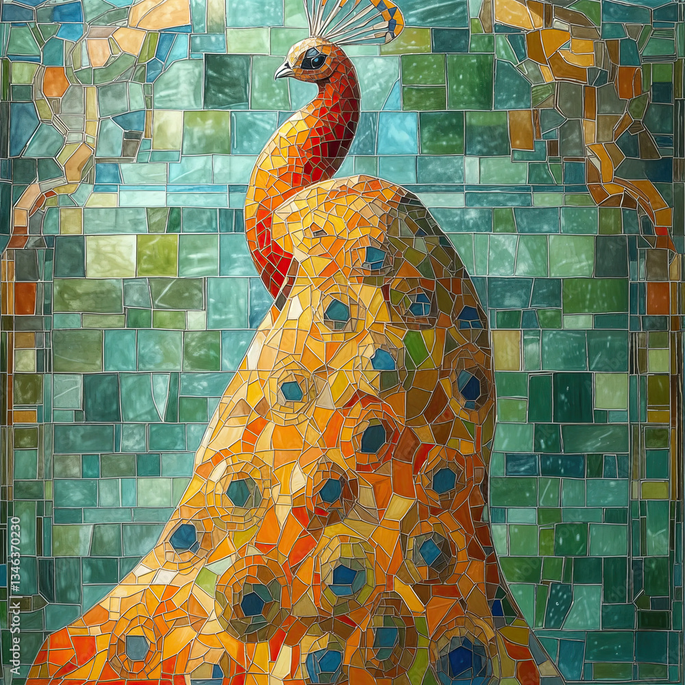 A vibrant peacock, crafted from colorful mosaic tiles, commands attention against a backdrop of teal and emerald squares.