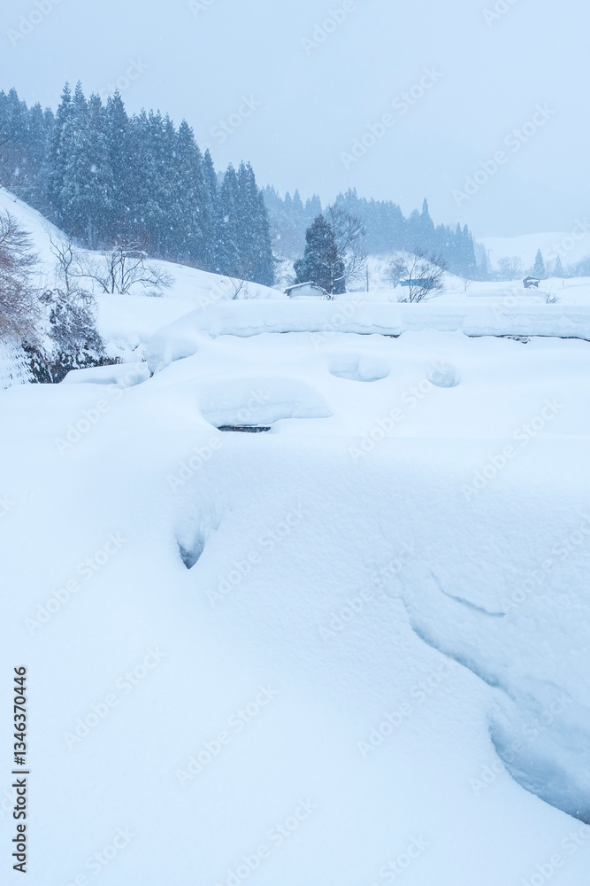 Obraz premium 雪が積もった氷ノ山の棚田の風景 鳥取県 氷ノ山