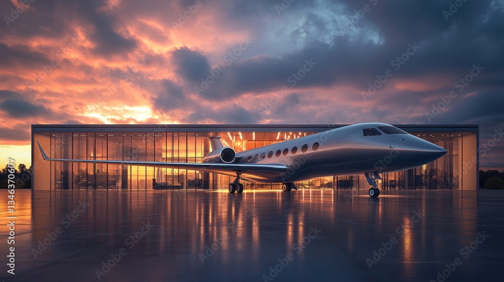 Fototapeta premium Private Jet at Sunset Hangar