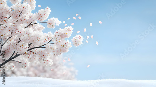 Cherry Blossoms On Snow Covered Branches Against A Light Blue Sky