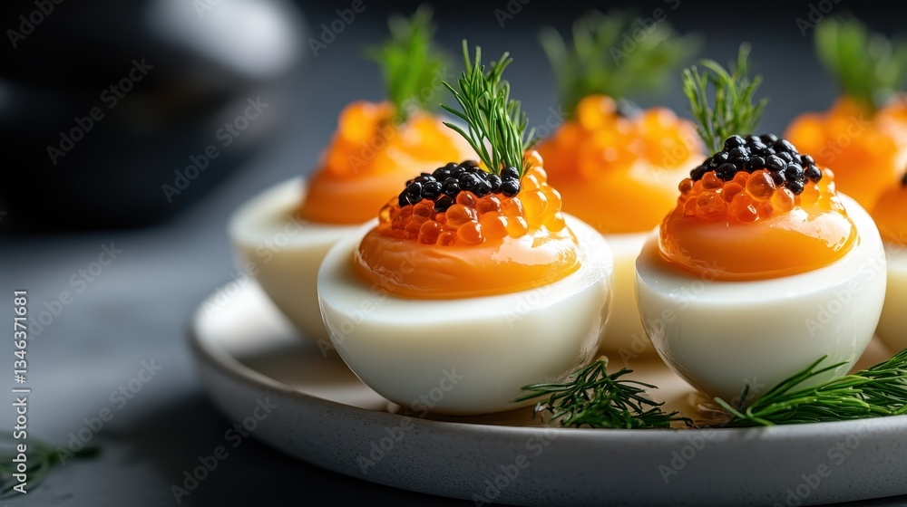 These elegant deviled eggs topped with vibrant caviar and fresh dill are perfect for any upscale gathering, showcasing a delightful culinary presentation for guests. These elegant deviled eggs topped with vibrant caviar and fresh dill are perfect for any upscale gathering, showcasing a delightful culinary presentation for guests.