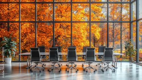 Fototapeta Naklejka Na Ścianę i Meble -  Autumnal office conference room with large window showcasing vibrant fall foliage