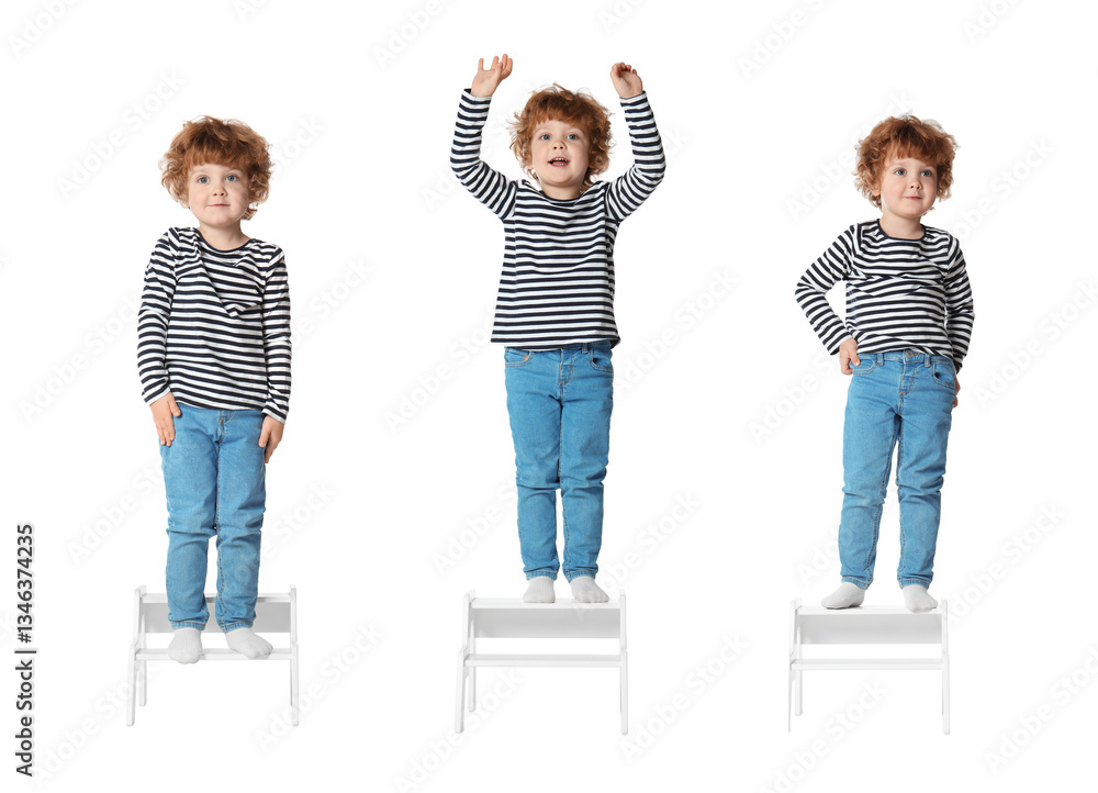 Fototapeta premium Cute little boy on step stool against white background, collage