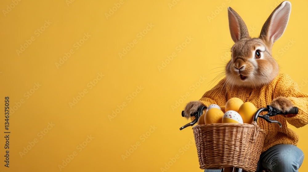 This fun image showcases a playful bunny wearing a colorful sweater while riding a bicycle loaded with Easter eggs, representing joy and the festive spirit of Easter celebrations.
