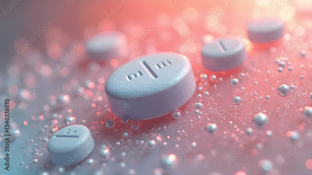 Dissolved aspirin in water close-up. Colorful illustration of aspirin dissolving. Detailed view of aspirin in liquid. Ultrarealistic depiction of medication.
