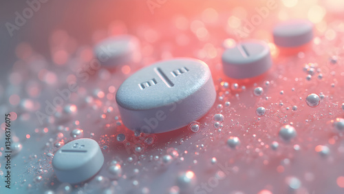 Obraz na płótnie Dissolved aspirin in water close-up. Colorful illustration of aspirin dissolving. Detailed view of aspirin in liquid. Ultrarealistic depiction of medication. w salonie