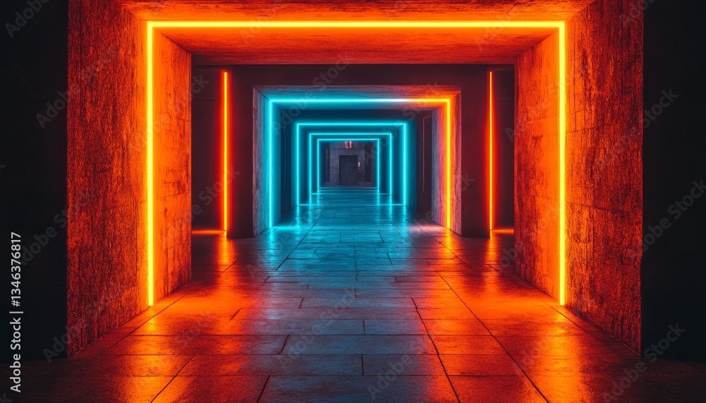 Fototapeta premium Futuristic Tunnel, Glowing Neon Lights, Perspective View, Vibrant Colors, High Resolution