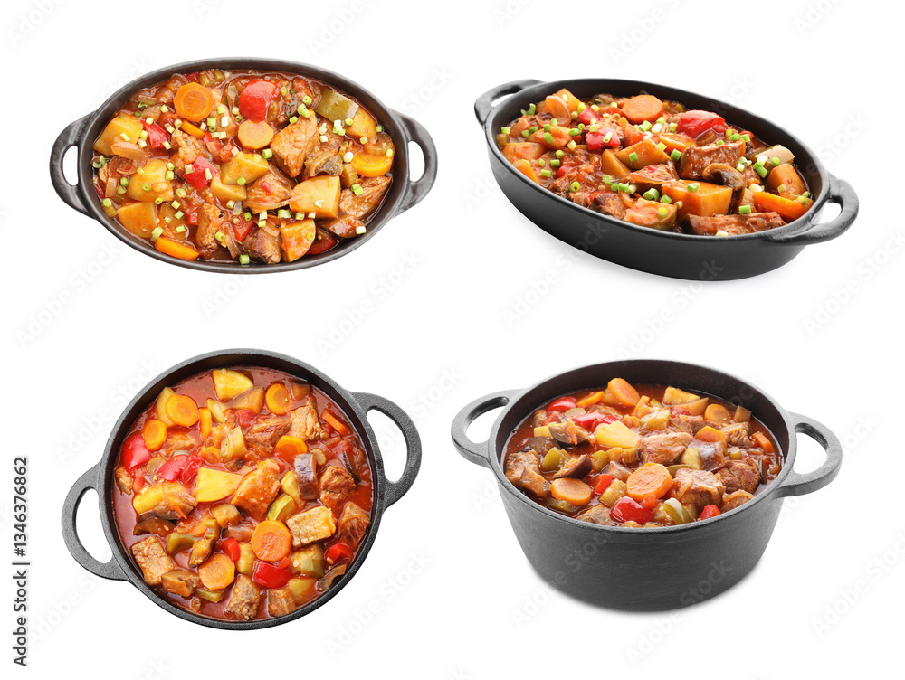 Different cooked stews isolated on white, set. Top and side view Different cooked stews isolated on white, set. Top and side view