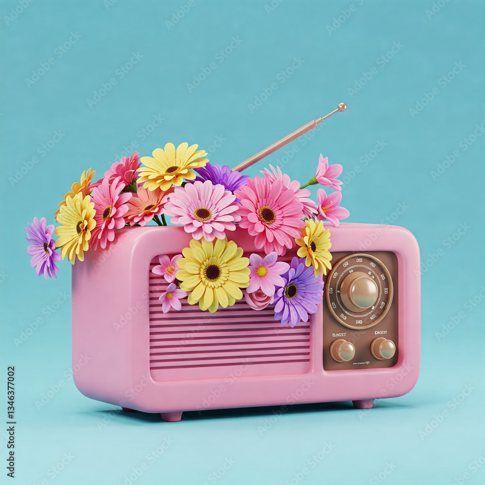 Obraz premium Pink retro radio. flowers like music from speaker
