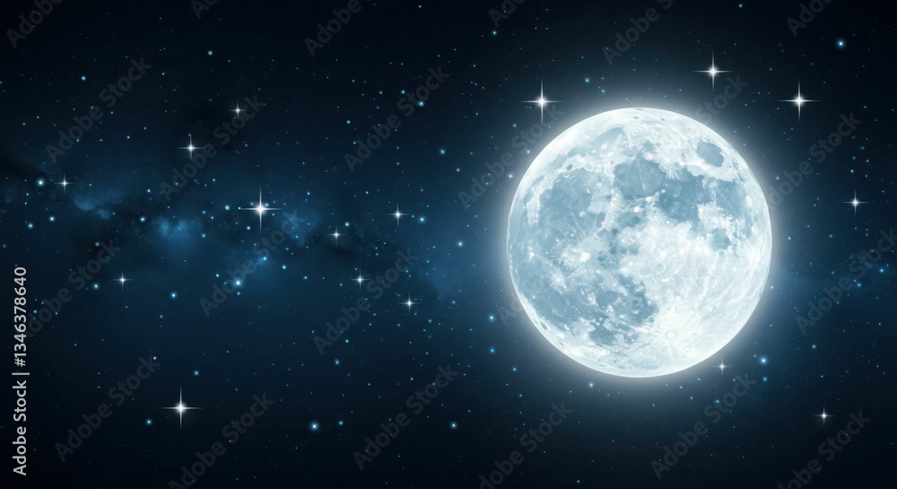 Full moon illuminating a starry night sky with bright twinkling stars Full moon illuminating a starry night sky with bright twinkling stars