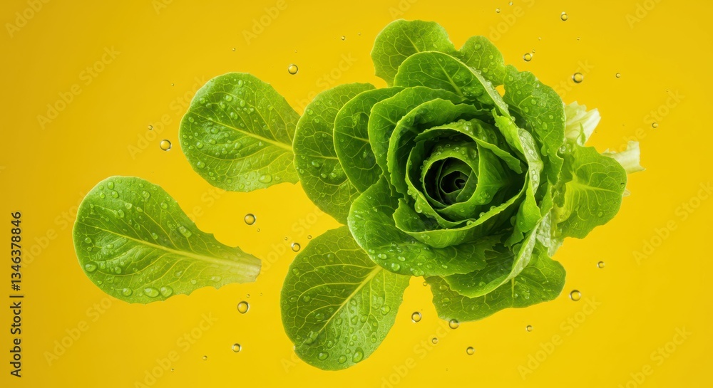Obraz premium Fresh green lettuce with water droplets on vibrant yellow background
