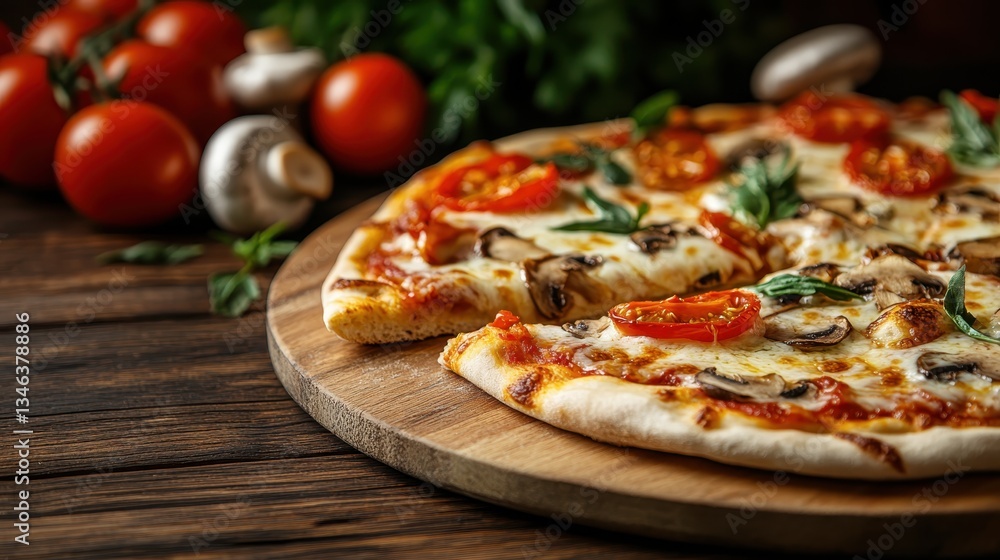 A stunning presentation of a pizza garnished with juicy tomatoes and fresh herbs, highlighting the tantalizing flavors and inviting appearance of this beloved dish. A stunning presentation of a pizza garnished with juicy tomatoes and fresh herbs, highlighting the tantalizing flavors and inviting appearance of this beloved dish.