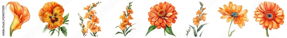 Vibrant Array of Orange Flowers Including Calla Lily, Gladiolus, and Marigold in Stunning Illustrative Style