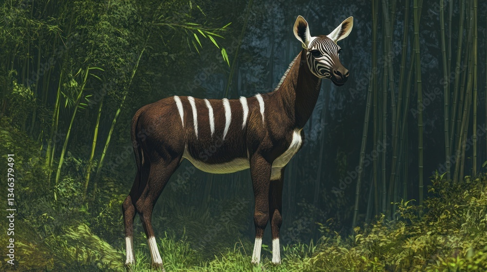 Naklejka premium Okapi in bamboo forest. Possible stock photo use
