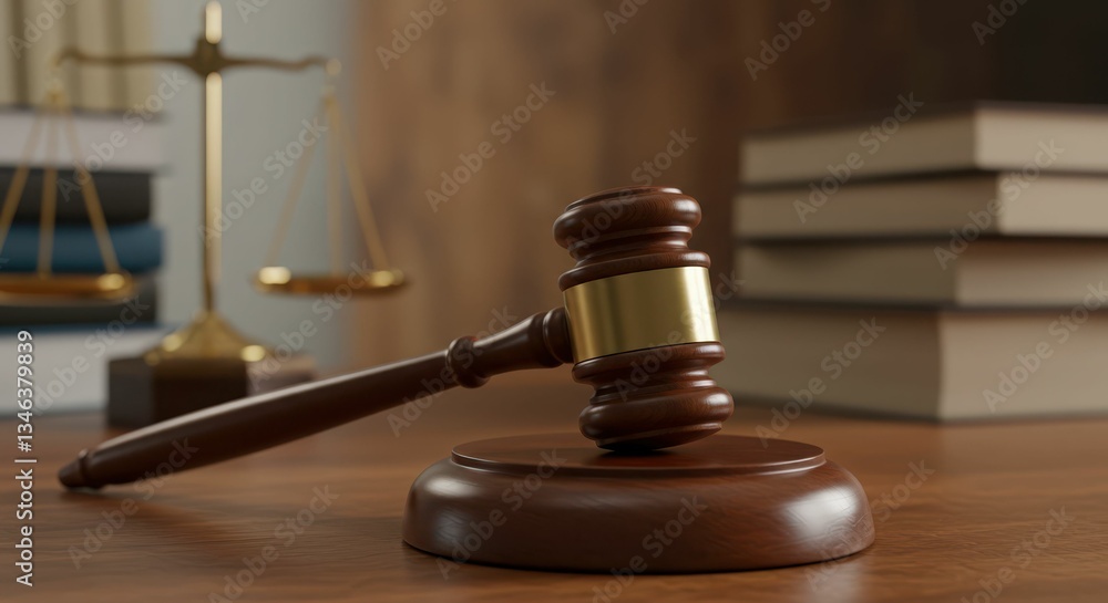 Wooden judge's gavel and scales of justice on a lawyer's desk in a courtroom setting Wooden judge's gavel and scales of justice on a lawyer's desk in a courtroom setting