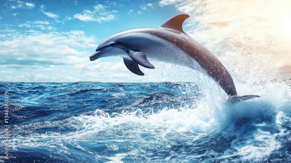 Naklejka premium Dolphin Leaping Above Vibrant Ocean Waves Under Bright Sunny Sky