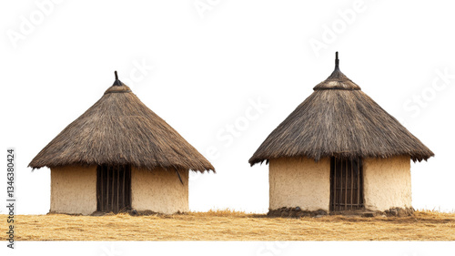 Two traditional african mud huts with thatched roofs on transparent background