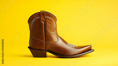 Brown Cowboy Boot On Yellow Background