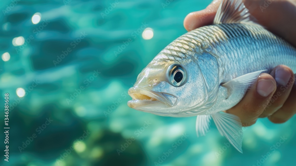 Fototapeta premium Bonefish Fishing. Close-up of Silver Fish Held in Hand in Tropical Ocean