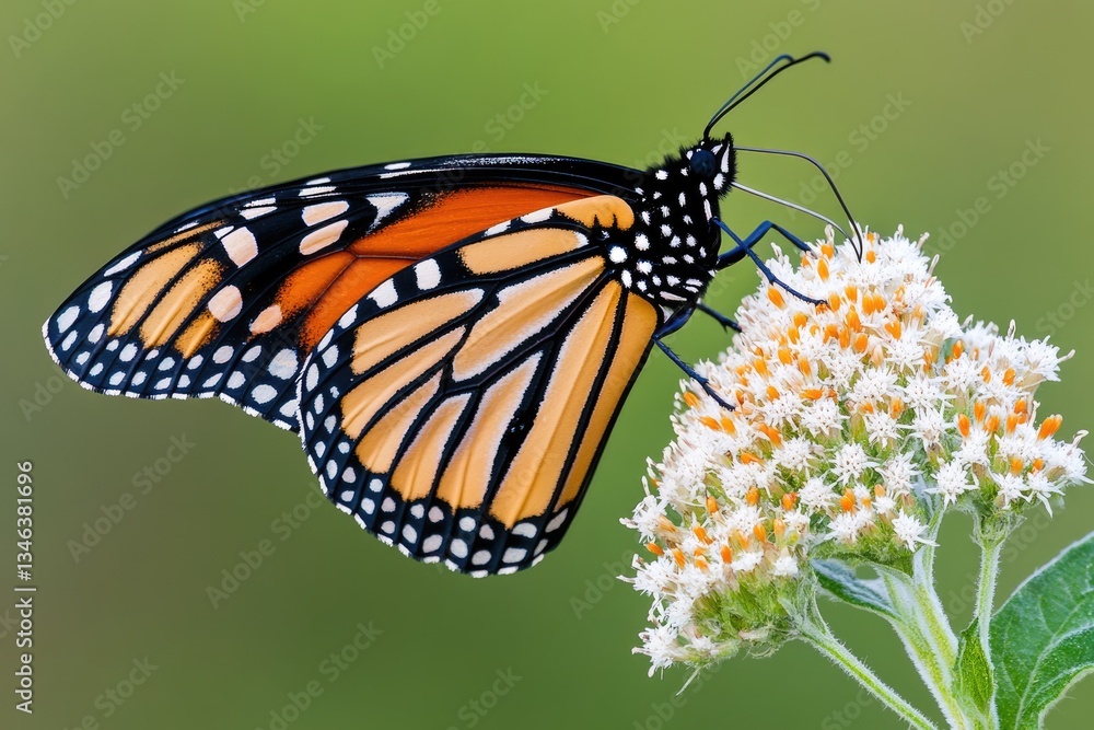 Fototapeta premium Boneset Monarch: Danaus Plexippus Feeding on Eupatorium Perfoliatum in Illinois Wilderness