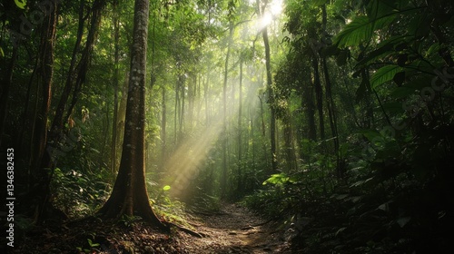 Sunlight streams through lush rainforest canopy, illuminating a jungle path.  Sunlight filters through dense foliage, creating a mystical atmosphere in a tropical forest.  